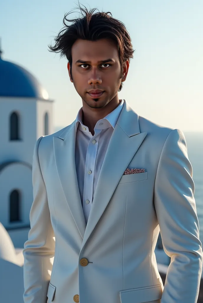 A charming, medium-built handsome man with piercing brown eyes and a captivating face stands in a sharply tailored suit white kurta, exuding refined style. His dark, windswept hair and soft, directional lighting accentuate his captivating features and the ...