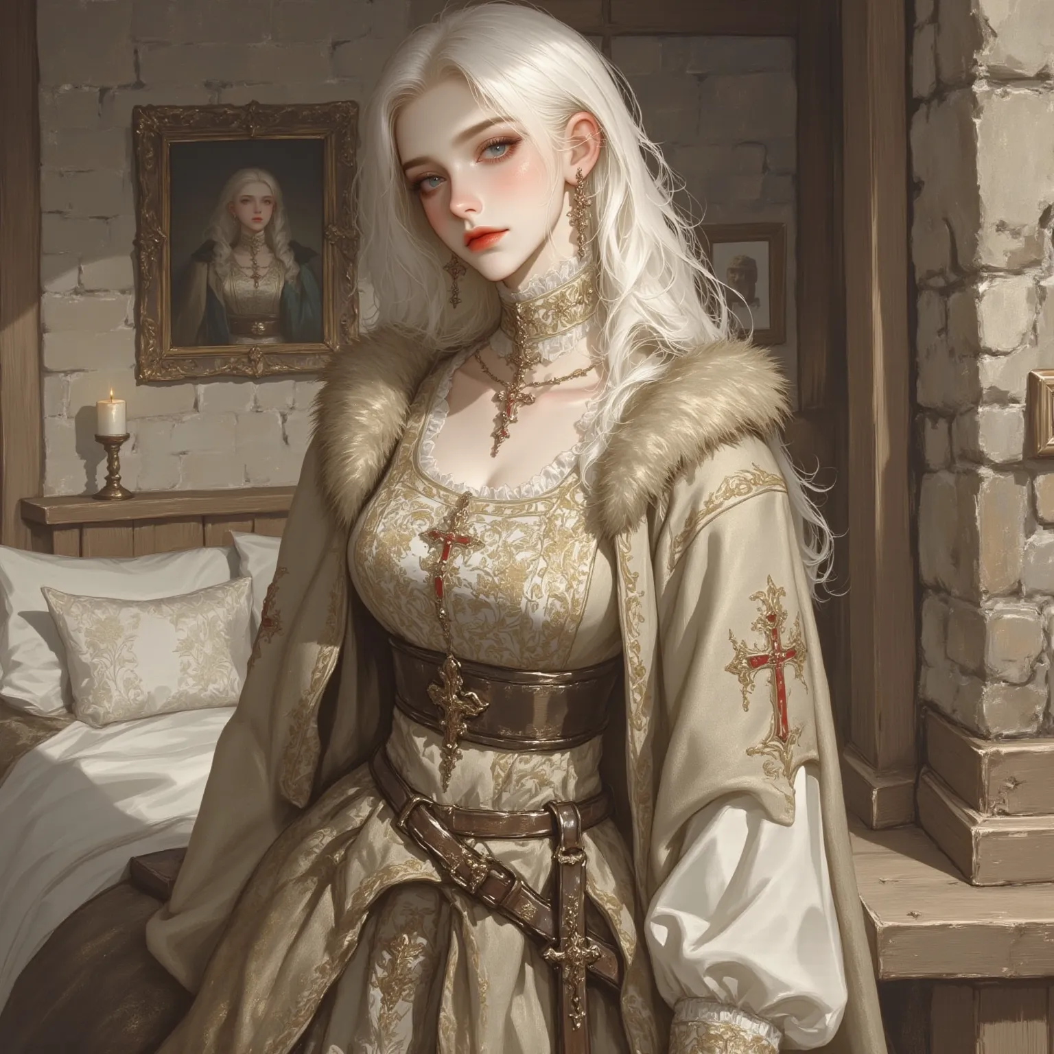 A stunningly beautiful village girl with platinum blonde hair and striking blue eyes, dressed in a modest yet charming medieval peasant outfit. She stands in a rustic medieval bedroom, surrounded by aged wooden furniture, a simple but cozy bed with linen d...