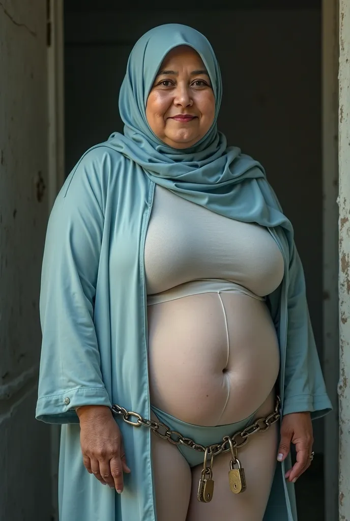 Indian ethinic facelook cute chubby pregnent fat muslim hijabi aunty of age 50 with huge big boobs wearing light blue hijab and white full body covering transparent body stockings tight standing inside room near door with hands chained and locked