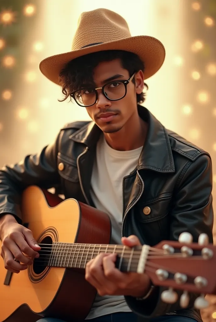 a india young man with glasses is playing a wooden guitar in heaven, wearing a black leather jacket, a white t-shirt and wearing a brown knitted cowboy hat