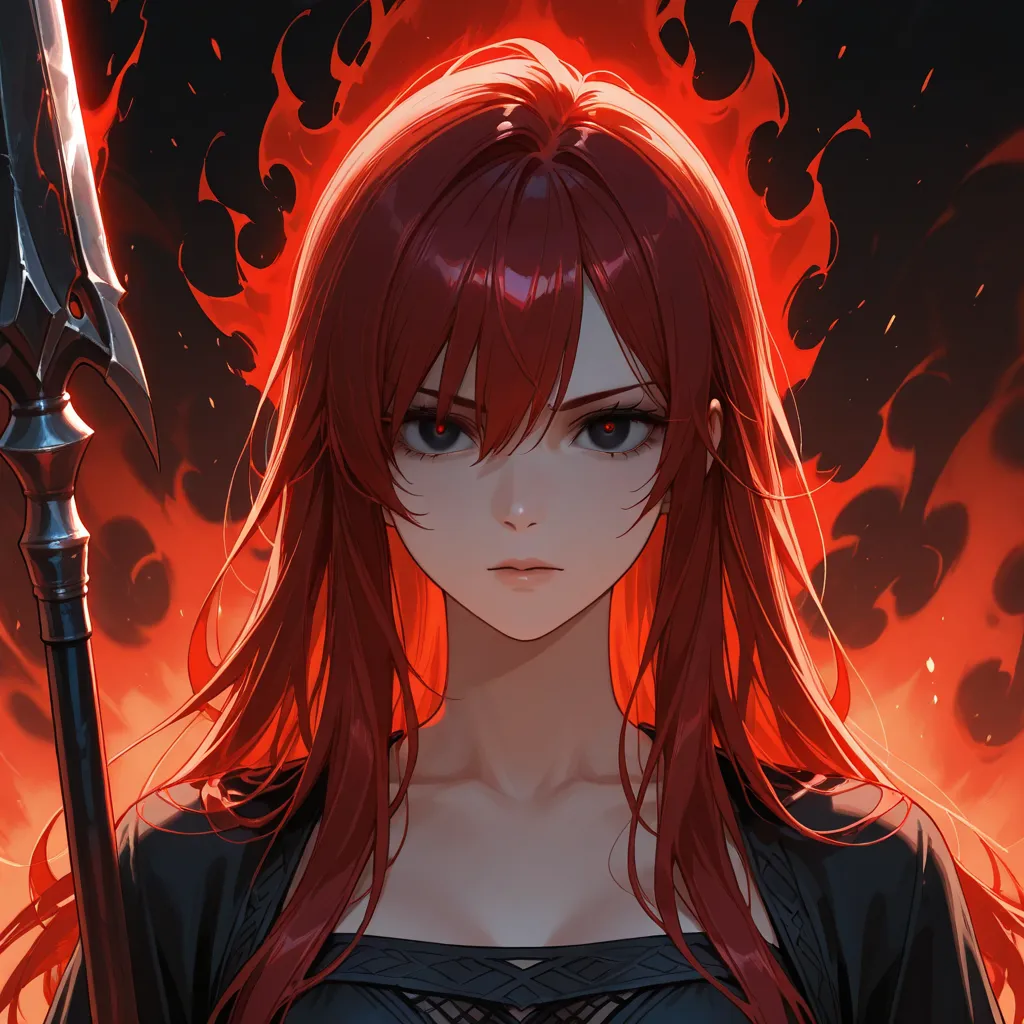 1 female, red hair at the end of the neck,  long hair,  long hair , dark eyes, Strong looking aura, Spear