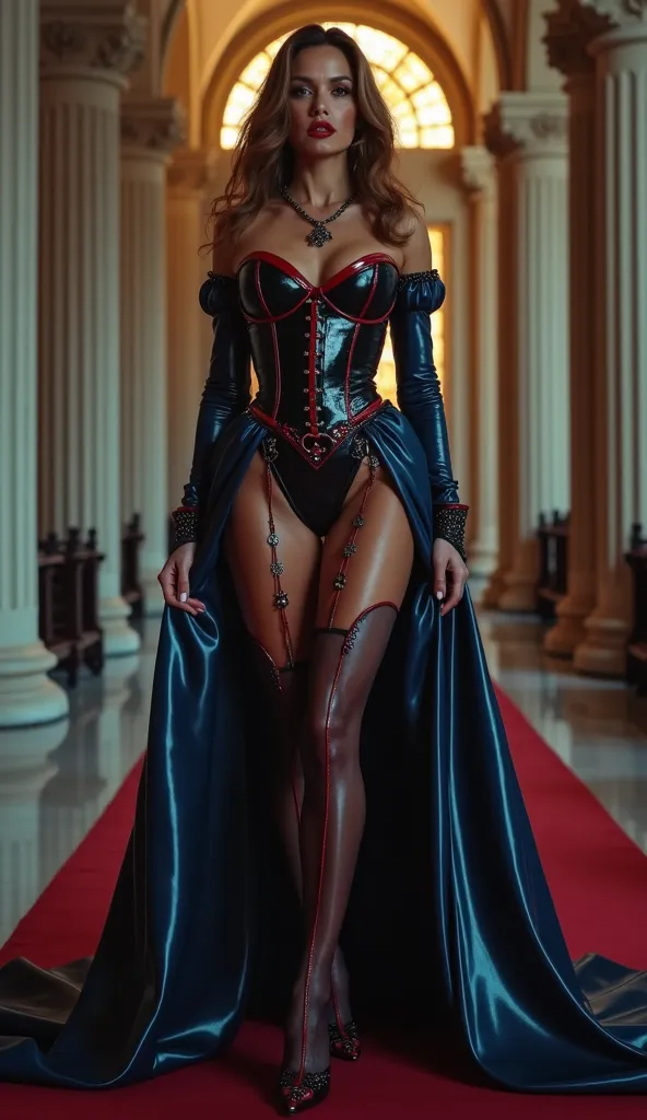 angelina jolie, latex,  en action de prier à genoux par terre, nonne latex brilliant, long robe de nonne en latex bleu marine et rouge marron, cornette latex noir latex et marron rouge latex, corset latex marron rouge, stilettos vinyl rouge sang, levres bo...