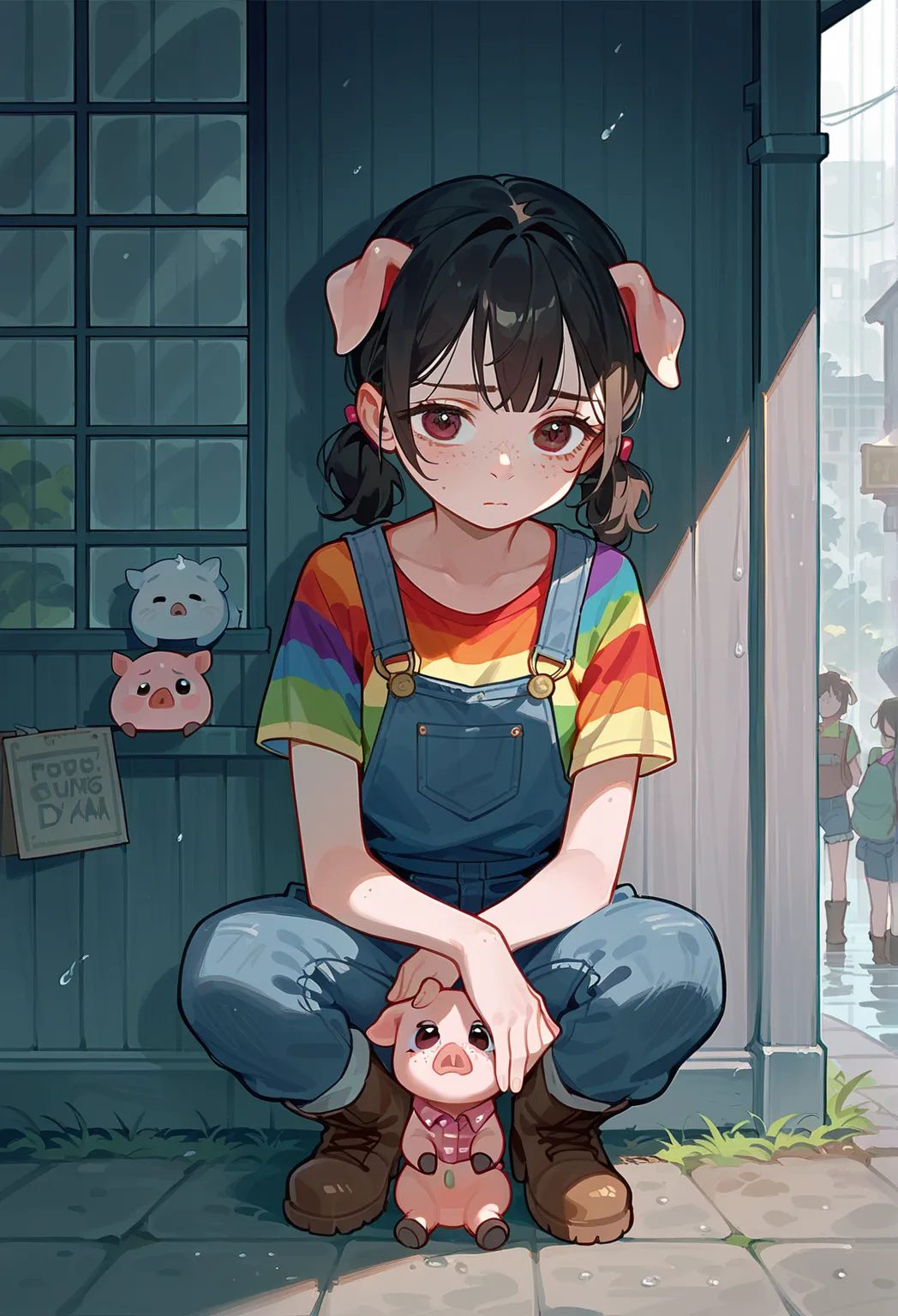 A cute girl (, pig tails, freckles, rainbow shirt, overalls, girl boots), is looking sad staring out the window on a rainy day er black and white kitten does the same