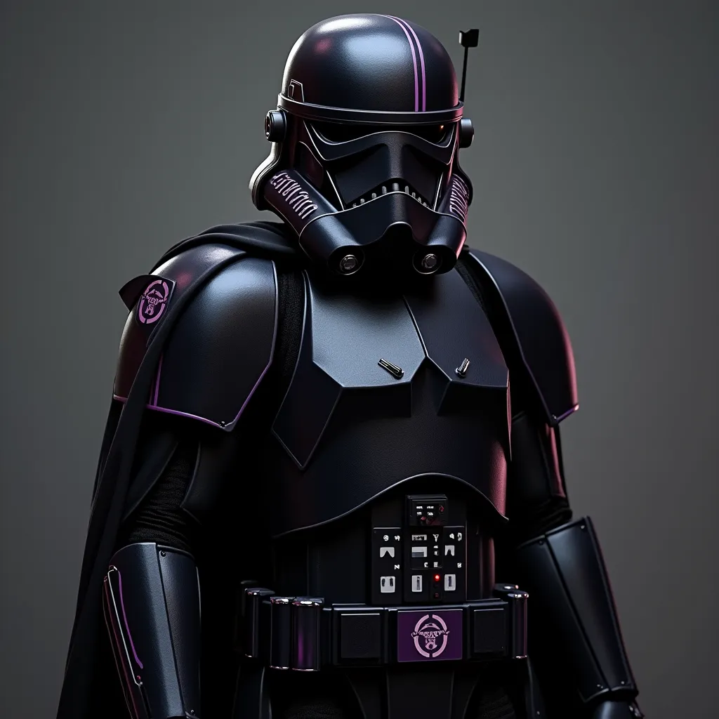 Generate 2 images of Storm Trooper in black (the armor and the helmet) aesthetic with a cape and some dark purple stripes and including the helmet lenses (Let the style be similar to a Doom Slayer/Marine from Doom 2016 but with the same Star Wars)