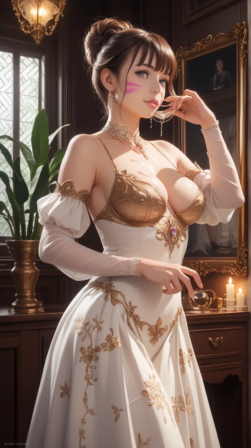 The personification of cats、 standing、ドレスを着てThe personification of cats, standing,Wearing a Dress, detailed faces like  actors ,Elegant pose,elegant expression, Room Setting ,Gorgeous furniture, Luxurious Decor,soft lighting,Delicate details,realistic,port...