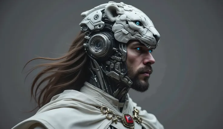 Ulises 31, A young and strong man , with long milky hair, abundant and brown, with mustache and beard , very handsome and similar to Chris Hemsworth and with blue eyes, wearing a futuristic silver space warrior costume, technological, with a short white...