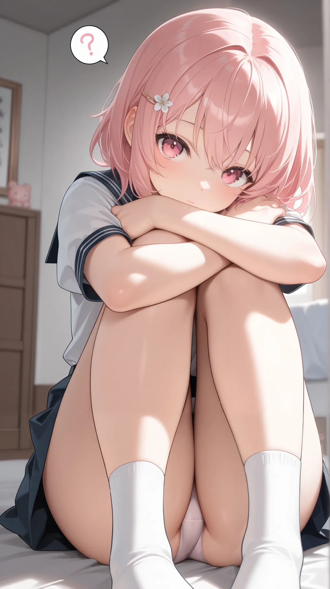  girl,hugging own legs,tilt head,spoken question mark,japanese school uniform,detailed pantyshot,pink hair,hair ornament, pink eyes,looking at viewer,girl's room,(masterpiece detailed:1.3),Hi-Res, top quality, Japanese illustration style