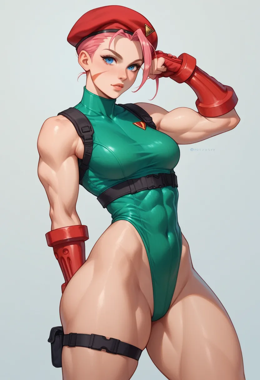 Appearance :  Young Woman, Muscular body, thick thighs, medium breasts, big ass, pink hair, short hair, white skin, blue eyes, delicate face Clothes: cosplay cammy de street fighter