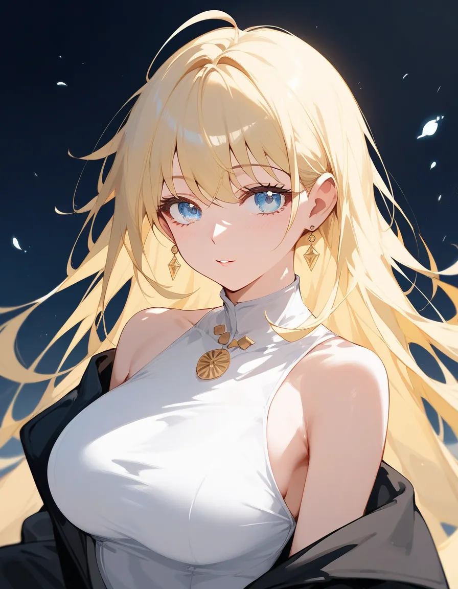 Score_9,Score_8_up,Score_7_up,highest quality, source_anime, highest quality, BREAK 1 girl, cool, 28 years old, (curvy:1.2), long hair, wispy bangs,  (light yellow hair:1.3), (light blue eyes), (wide eyes:0.6), (large breasts:0.9), (close up), white short ...