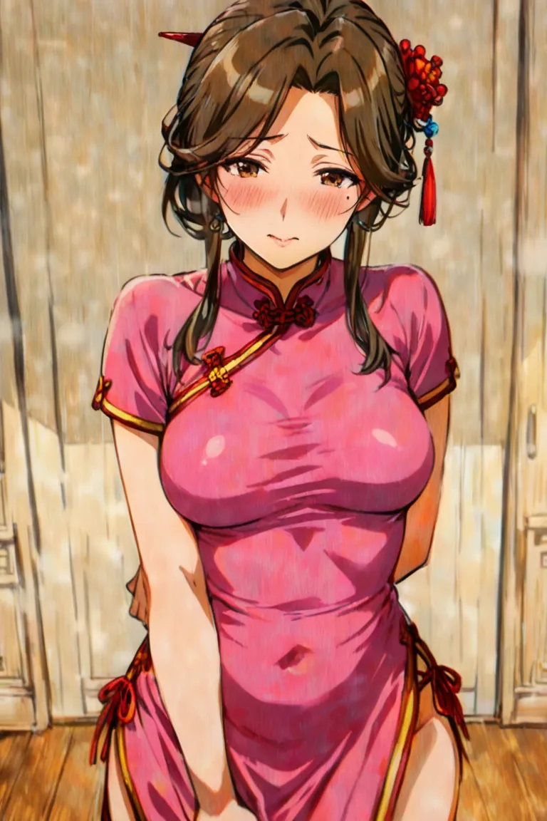 ｛｛mature female｝｝Shinkai Makoto, colored pencil, chinese clothes, embarrassed, mole under eye, medium breasts