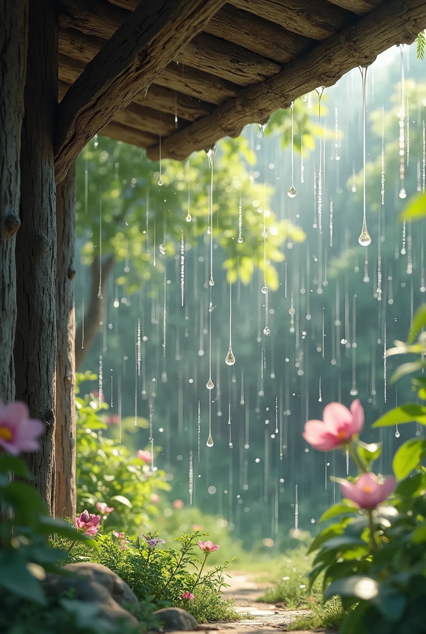 raindrops, large, teardrop-shaped, falling continuously, old wooden eaves, looking up from under the eaves, quietly raining, lush green garden, sunlight reflecting, sparkling,