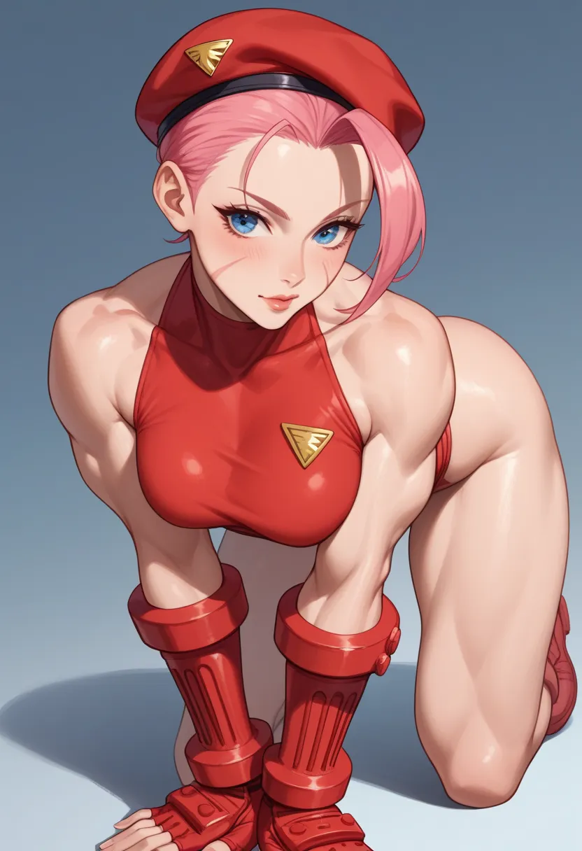 Appearance :  Young Woman, Muscular body, thick thighs, medium breasts, big ass, pink hair, short hair, white skin, blue eyes, delicate face Clothes: cosplay cammy de street fighter   Pose:  out of four, on all fours, focus on the ass, bunda empinada