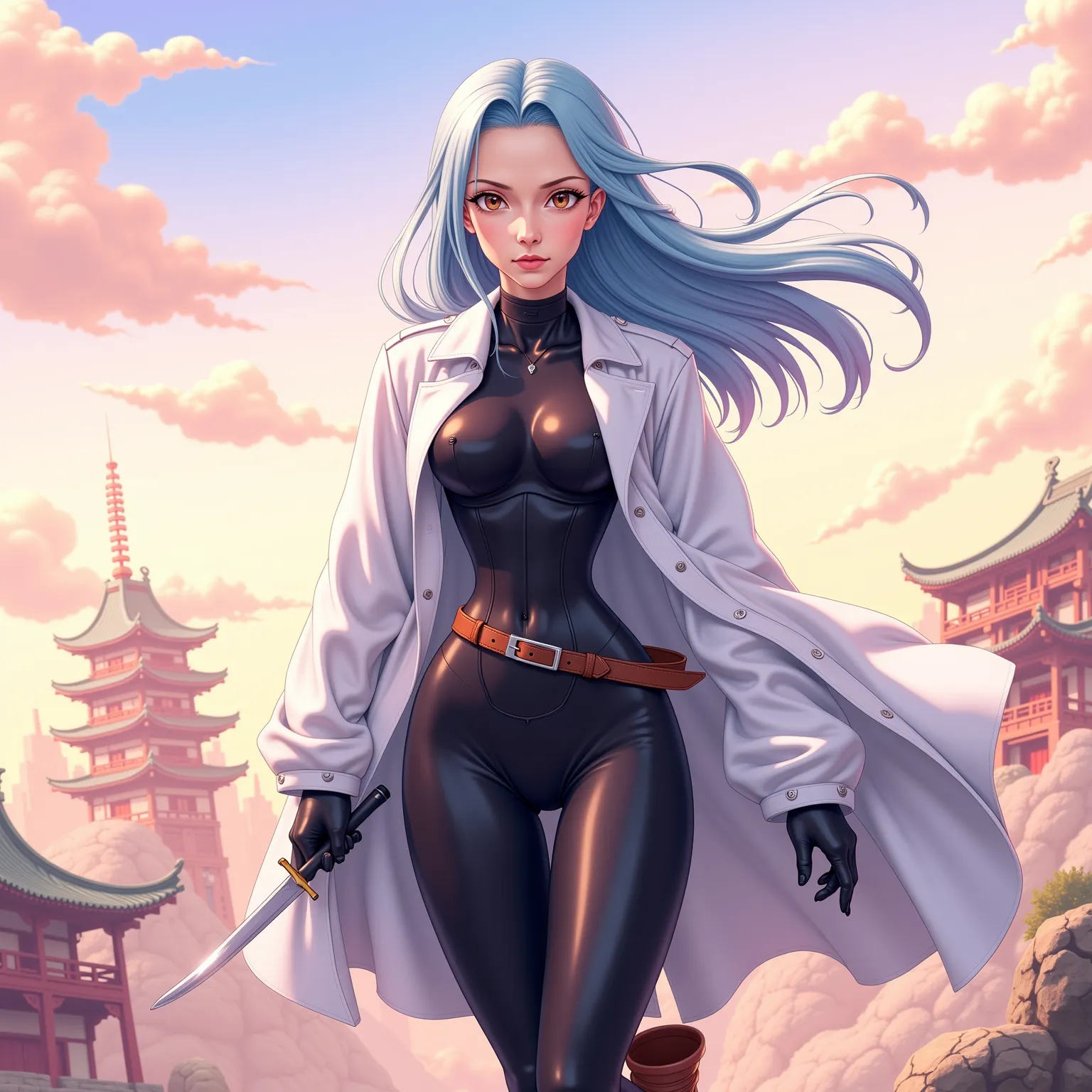 Young, light-skinned female anime character,  mid-20s,  with long, flowing, light blue hair, in a dynamic, forward-facing pose.  A serious, focused expression; her gaze is directed slightly downward and forward. She's clad in a fitted, white, loose-fitting...