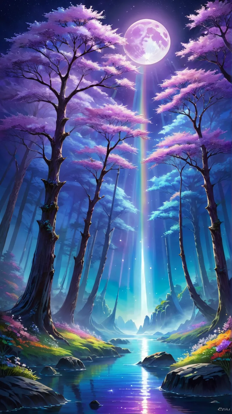 Fascinating, An otherworldly landscape enveloped in soft light, The rainbow glow of the three moons, Each has its own unique color、It has a bluish hue。, Silver Ethereal, and a deep amethyst color. In the foreground, Ancient, Towering trees with iridescent ...