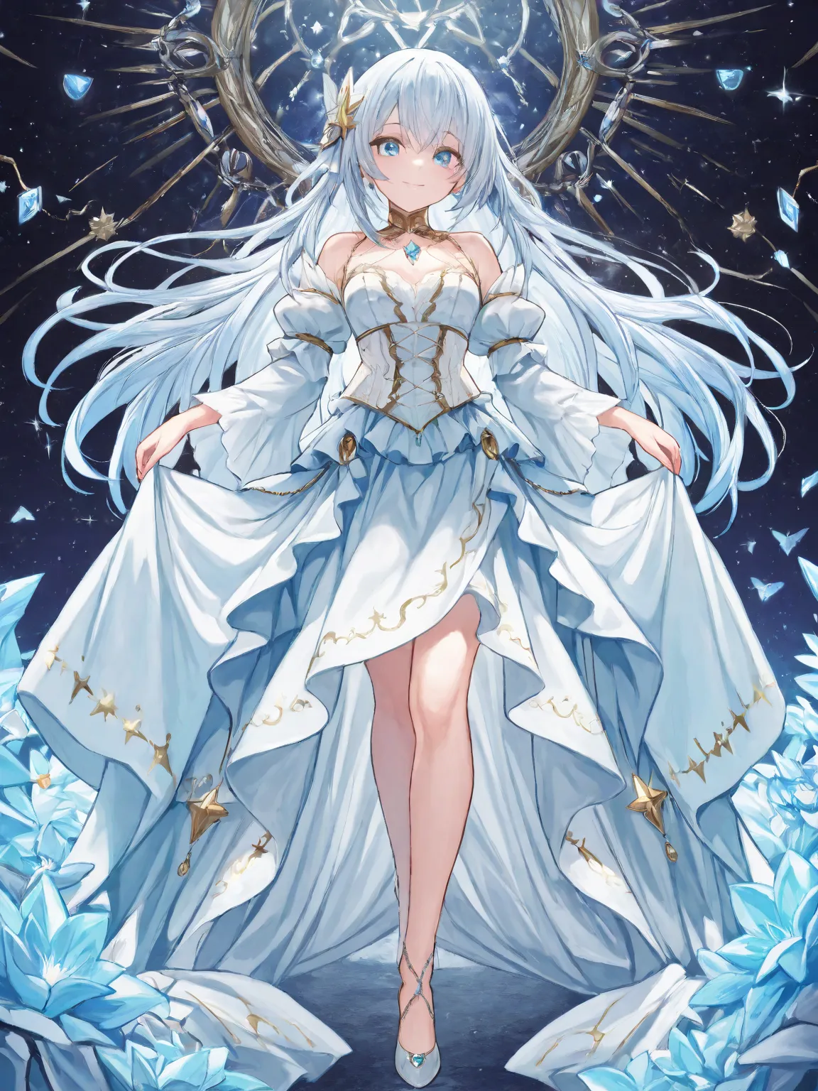 20 years old an anime girl with silver long hair and soft blue eyes. She wears a gown. This gown is an elegant, ethereal masterpiece, featuring a soft and shimmering blue color that fades into lighter tones towards the hem. It is adorned with intricate des...