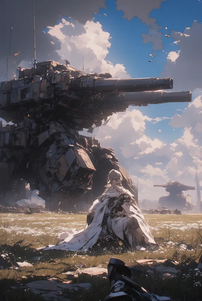 (masterpiece、top quality)、half-destroyed military base、A line of large mobile weapons、Decaying Machine、rusted armor、Contrast between flowers and machines、Light Shining Through Dark Clouds、Strong backlighting、White Flower、butterfly