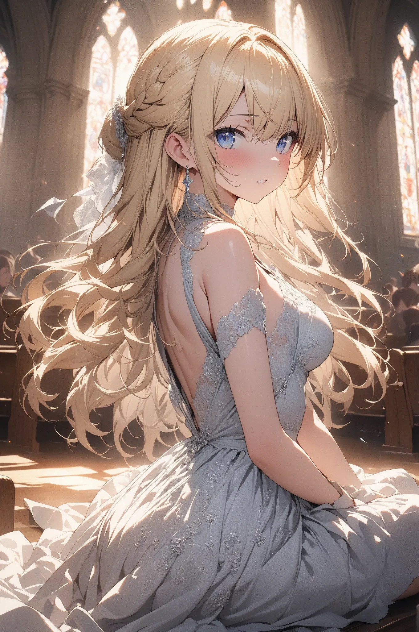 (masterpiece, detailed:1.2), One Girl, elegant, (18-years old), blonde half updo, Medium Breasts, sky blue eyes, BREAK, Highest quality, Random Pose, sitting in church, view from far