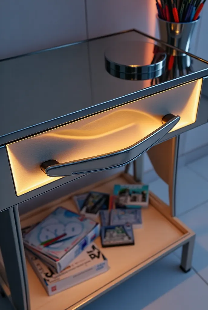 futuristic realism nightstand with gentle background, with these pens