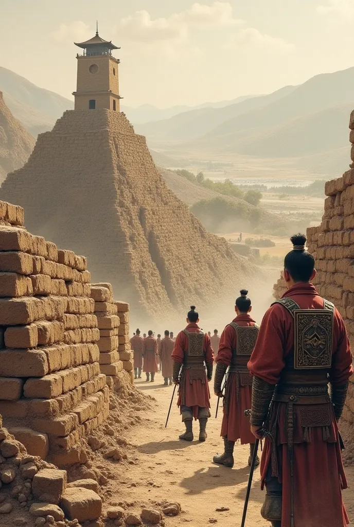 Ancient Chinese workers constructing a primitive wall using packed earth, with soldiers patrolling and a general overseeing the work."