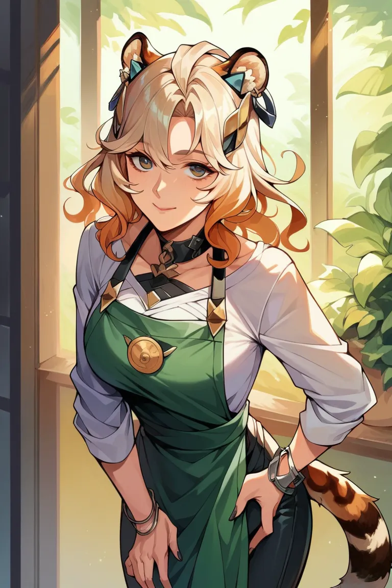 check_9_ upwards, check_8_ upwards, check_7_ upwards,  eastnik_anime, 1girl, One, sunlight, Coffee Shop , standing, hand on thigh,  looking at you ,  smile, hand with dessert,  upwardsper body, focus on face, black woman, Xylonen , Long hair, blond hair, h...