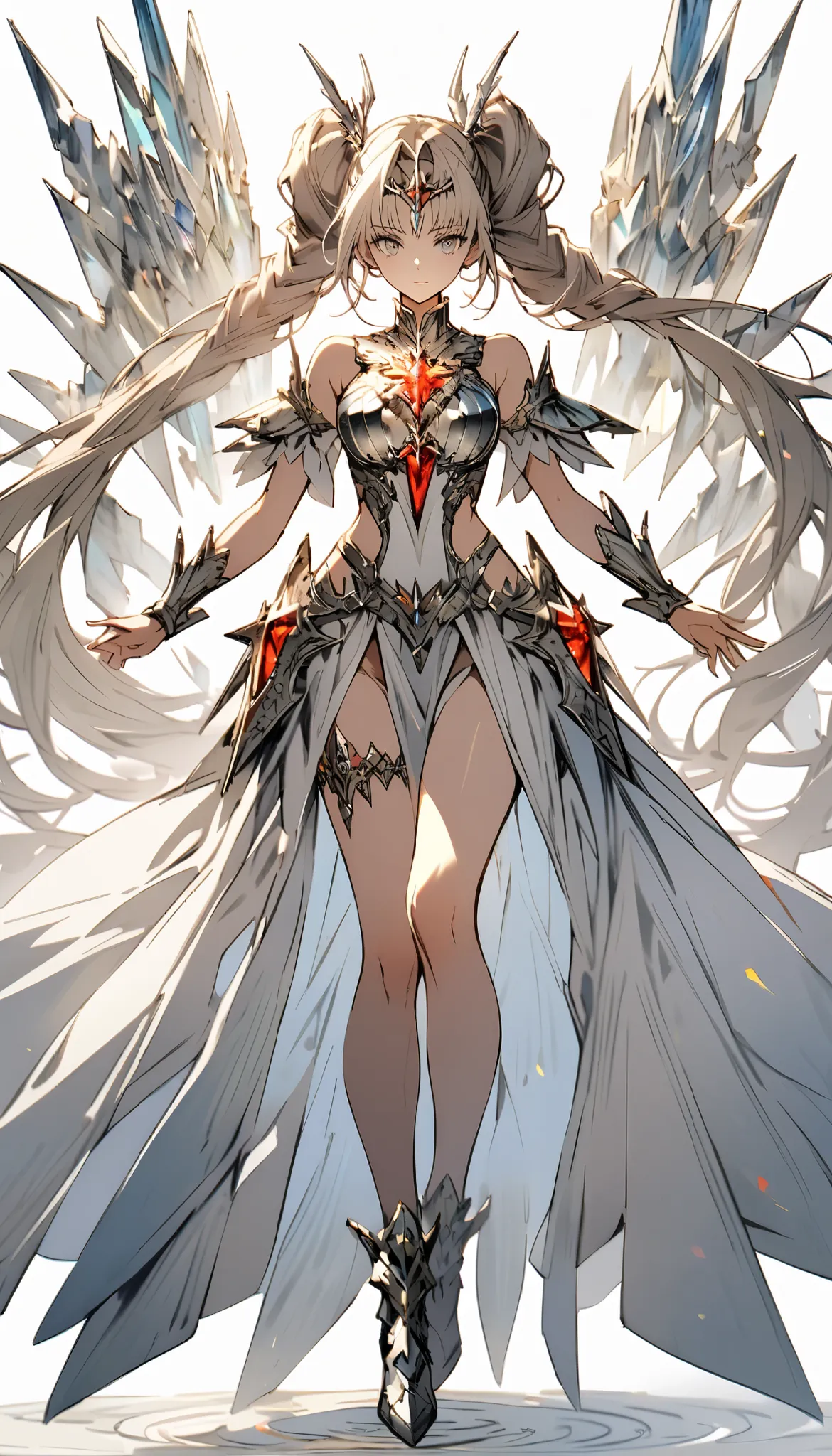 exquisite face，Valkyrie，Crystal Holy Knight，crystal full body plate，yarn，Armor，red crystal，Glowing gold jewel on the chest， perfect body proportions， double ponytail hairstyle ，Beautiful White Eyes，fantasy style，white background，Transparent