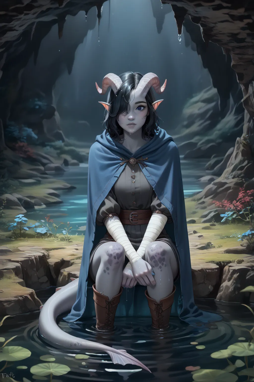 (1 adult Tiefling girl,  dark blue-gray skin :1.7), (35 years old:1.4), (black hair covers the right eye:1.4), (curl of medium-length black straight hair covers the right eye:1.5), (sits on his knees by the water with his legs between his legs in a gloomy ...