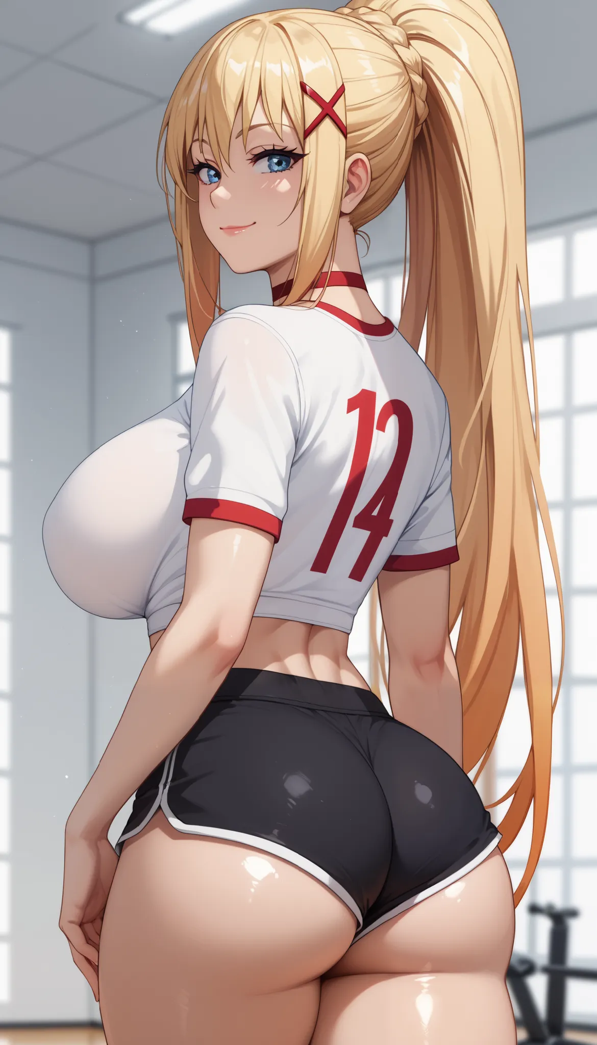 score_9, score_8_up, score_7_up, source_ anime、TOP QUALITY、8k、 masterpiece、Ultra High Definition、 natural light、perfect anatomy、 one woman、huge Breasts、saggy breasts、Darkness、 blonde hair, very long hair, ponytail hair, orange tips,blue eyes 、 cute face、na...