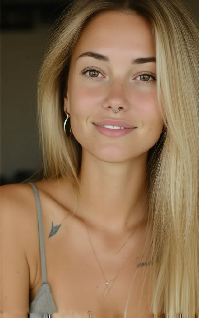 blonde girl with brown eyes ,  Skin with moles,  wears a tank top young European woman, bright eyes, long blonde hair with strands, Just a few freckles on her cheeks, She has a visible tattoo on her neck, A piercing can be seen,  earrings zierenihre Ohren,...