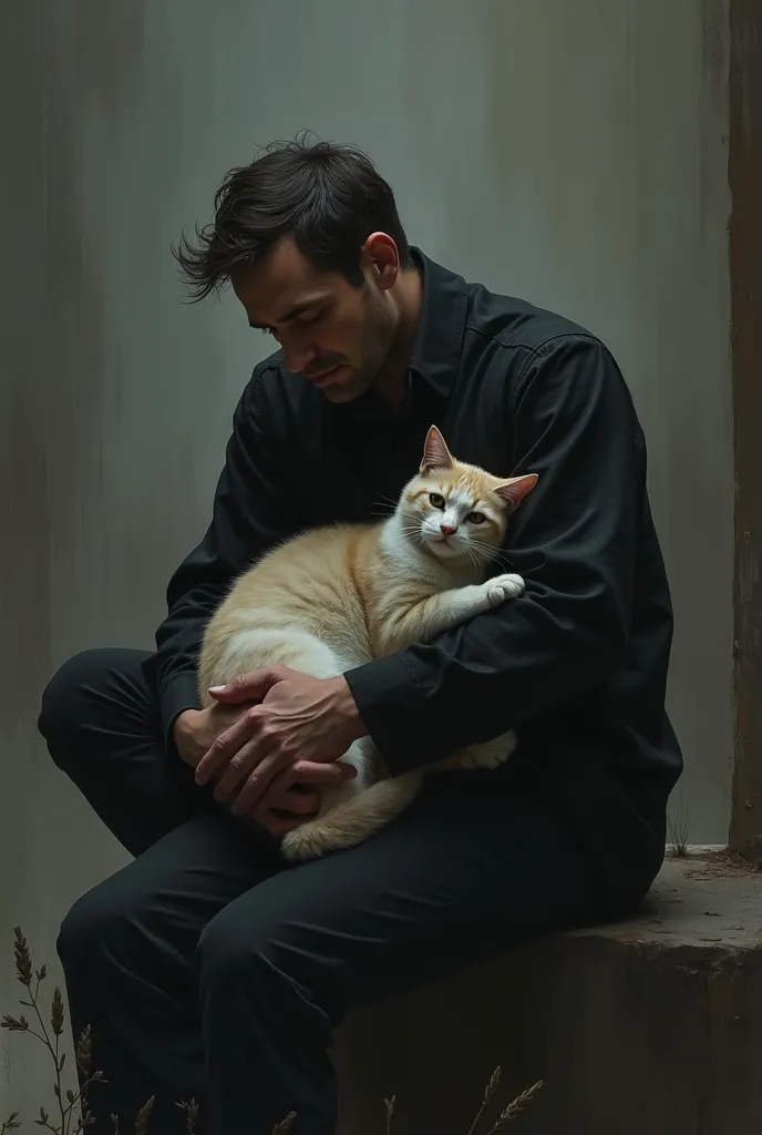 His pose is sad and hes holding a cat.