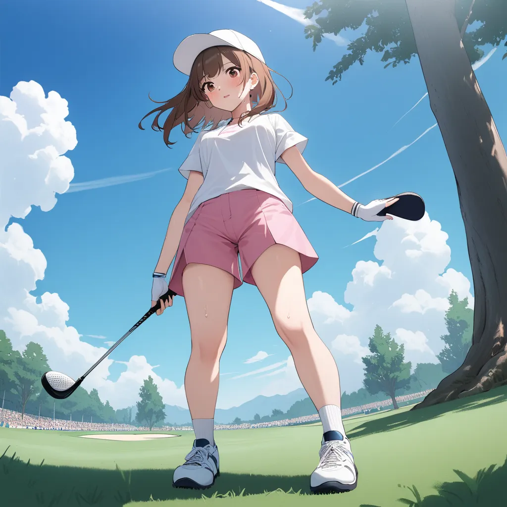 1 girl, solo, brown hair, shirt, gloves, hat, hand held, standing, white shirt, short sleeves, sweaty, outdoors, sky, shoes, tall, bottom view, shorts, daytime, socks, clouds, white gloves, fingerless gloves, tree, blue sky, white headdress, white shoes, g...