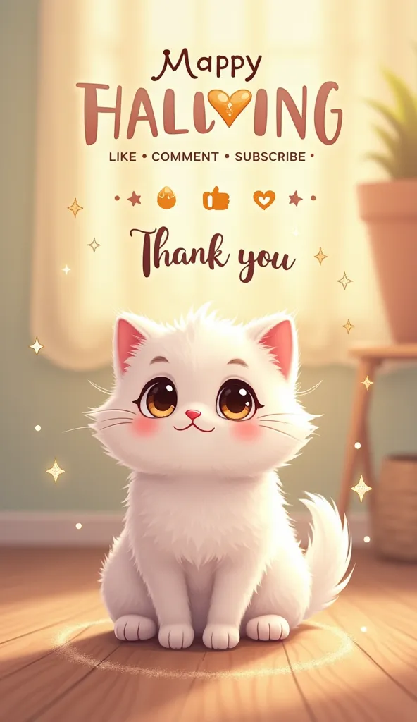 A cozy and heartwarming illustrated scene featuring a real fluffy white kitten sitting cutely on a wooden floor, looking up with big, sparkling eyes. The kitten has soft, well-groomed fur and a happy expression, its fluffy tail curled around its paws. Behi...