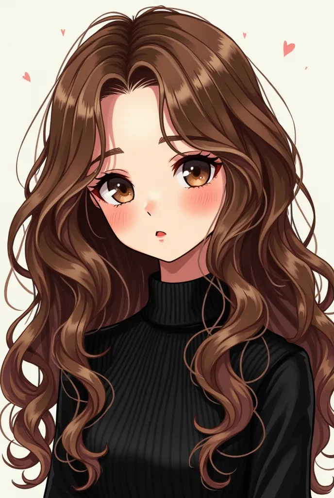 Drawing of a girl with long and VERY voluminous hair with brown curls, Tangled brown eyes but not Korean, delicate black eyeliner around the eyes, full lips, slightly reddish cheekbones,  black clothes, 