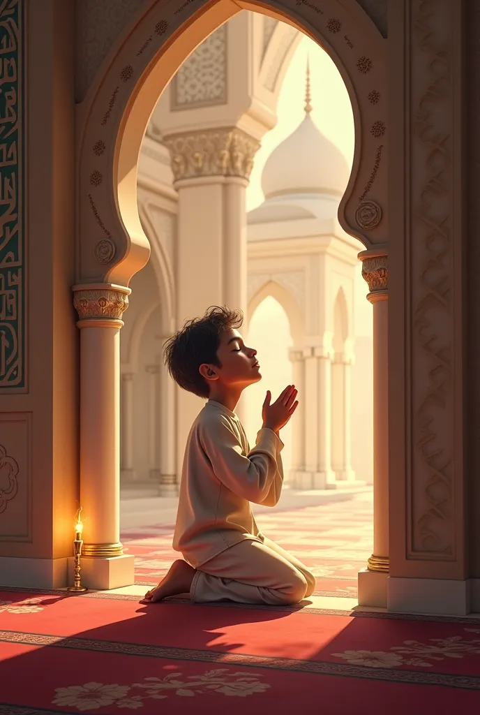 I want a image that is based on ramadan 2025 and a boy is praying 