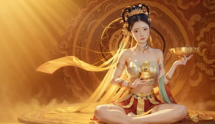 
"A portrait of a young woman in traditional Chinese clothing, playing a guzheng 
.Beautiful  princess doing yoga lotus sitting sitting on a huge lotus flower，Wearing a delicate gold crown，Full face，Lotus in hand，Barefoot on both feet，Such as out of the wa...