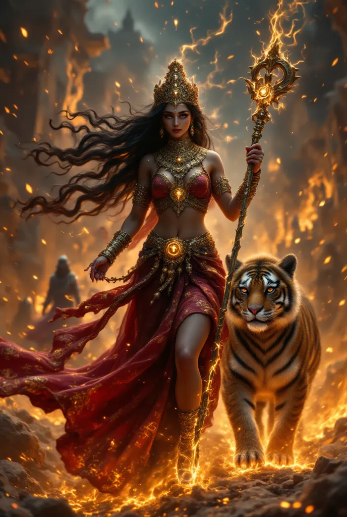  beautiful girl,hindu goddess,durga in a very beautiful  red gold sari , Hindu goddess,Beautiful curly hair, holding her spear,stands with a large tiger,The extraordinary beauty of a face with beautiful eyes ,  curvy body shapes ,  Beautiful, magic, 8 k,  ...