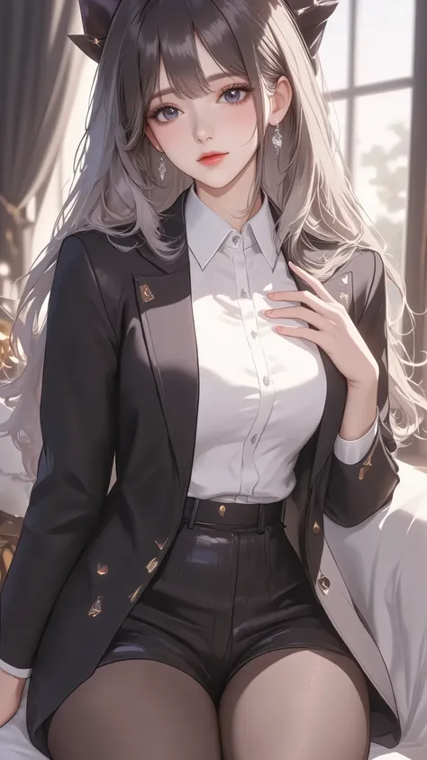 best quality, ultra-detailed, 1girl, full body, huge filesize, artbook, day, indoor, curtain, black hair, blunt bangs, grey gradient hair, black eyes, huge breasts, black silk stocking, collared shirt , business suit, high heels, hair bow, smirk, sitting, ...
