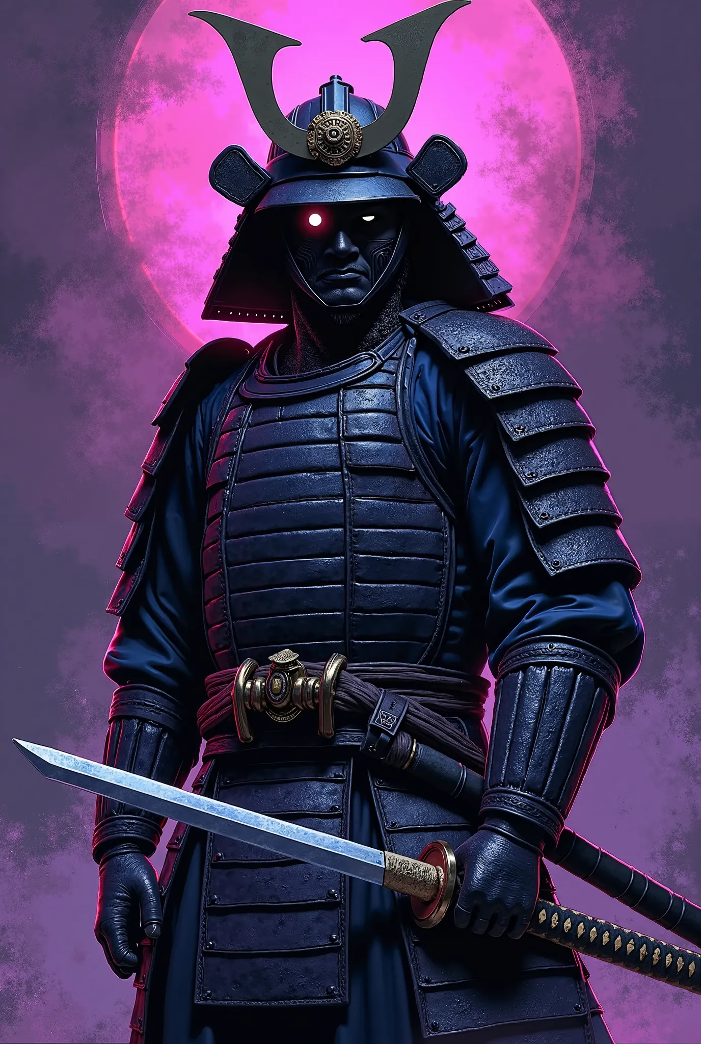 portrait draw a samurai in comic book style,holding katana, samurai helmet, faceless, dark purple theme, one eye highlight, front view