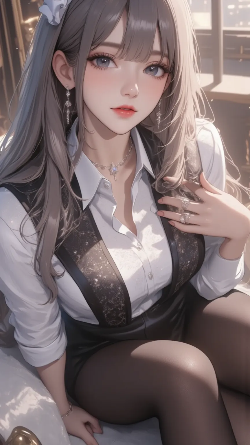 best quality, ultra-detailed, 1girl, full body, huge filesize, artbook, day, indoor, curtain, black hair, blunt bangs, grey gradient hair, black eyes, huge breasts, black silk stocking, collared shirt , business suit, high heels, hair bow, smirk, sitting, ...