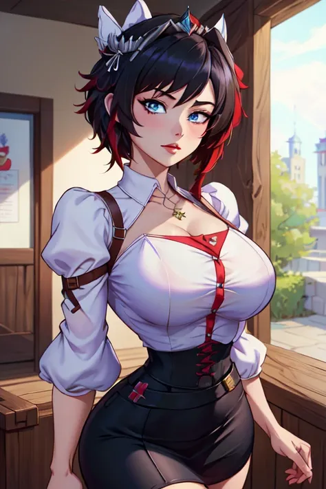 (masterpiece, best quality, absurdres, 4k, aesthetic, detailed, intricate),1girl,nikkecrwn,tiara, hair ribbon, black hair,
Ruby Rose from Rwby, white lace crop top with puff sleeves, white high waist button up skirt