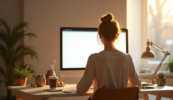 Early morning light. ((From back, the camera is behind the woman)) A young European woman is sitting at her remote work desk. In front on a blank white 24 inches screen computer.Smoking mug of coffee on the desk. Minimalist interior.