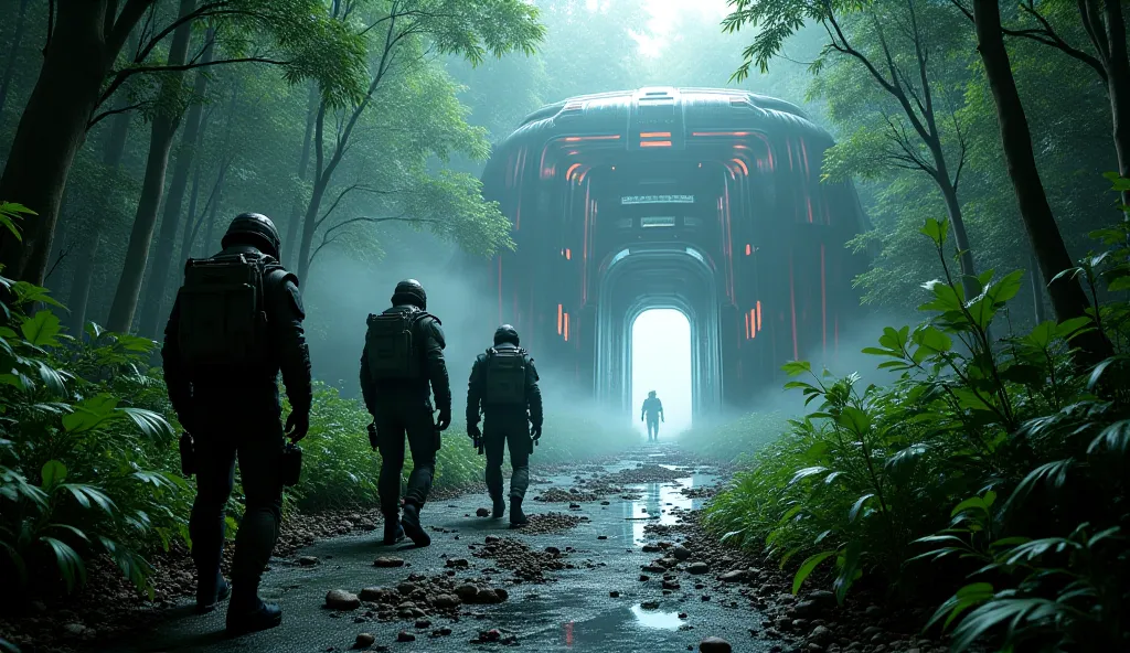 A futuristic, high-tech facility deep within a jungle. The building looks warped and unstable, with flickering lights and walls that seem to pulse and shift. The team, dressed in advanced tactical gear, cautiously approaches the entrance, their faces deter...