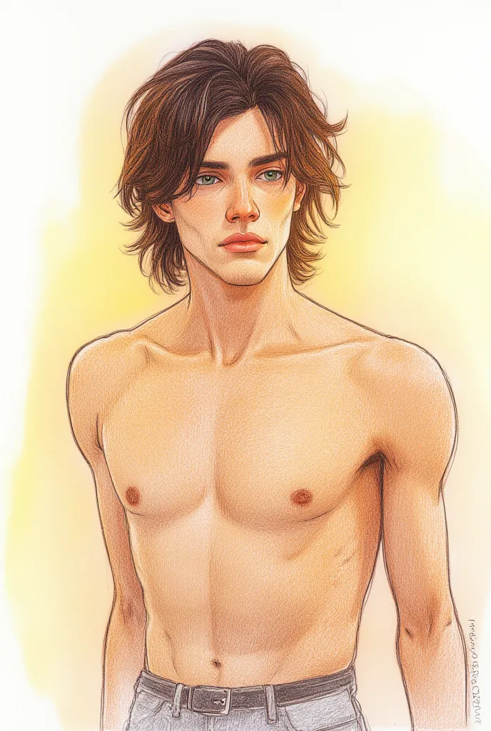 Sketch Strokes in colored pencil: A young man without facial hair 19 years old who looks rough, very attractive with a square jaw, upturned nose, stare, with medium long dark brown hair, with eyes of a succulent green hunter, Thoughtful,  shirtless to the ...