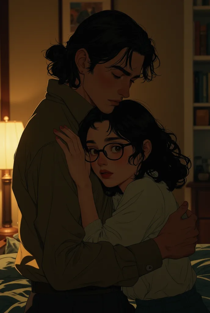 A dimly lit, cozy bedroom. The atmosphere is warm and intimate, with soft lighting casting gentle shadows. A young woman with long black hair, glasses slightly tilted, and a tired yet longing expression is pressing herself tightly into her boyfriend’s ches...