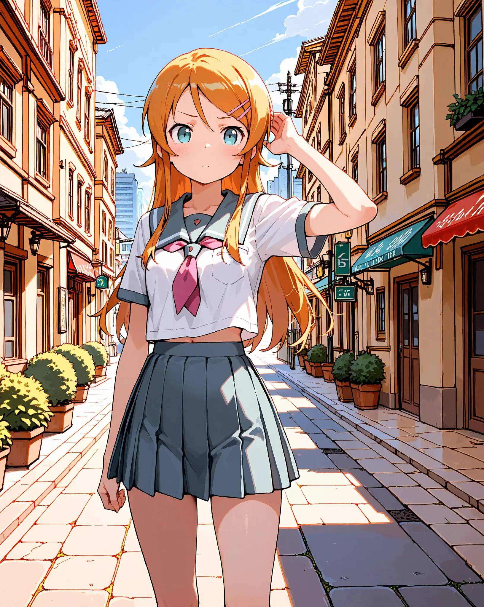 (masterpiece, best quality, hyper detailed, Full-HD, 16k, absurdness), break (1 girl who died,14yo, kousaka kirino, height 1.65meters , Slim 45kg,hair accessory, Alone, long hair, small braasts:1.2, hair clip for hair , orange hair,schools,sailor suit,Aqua...