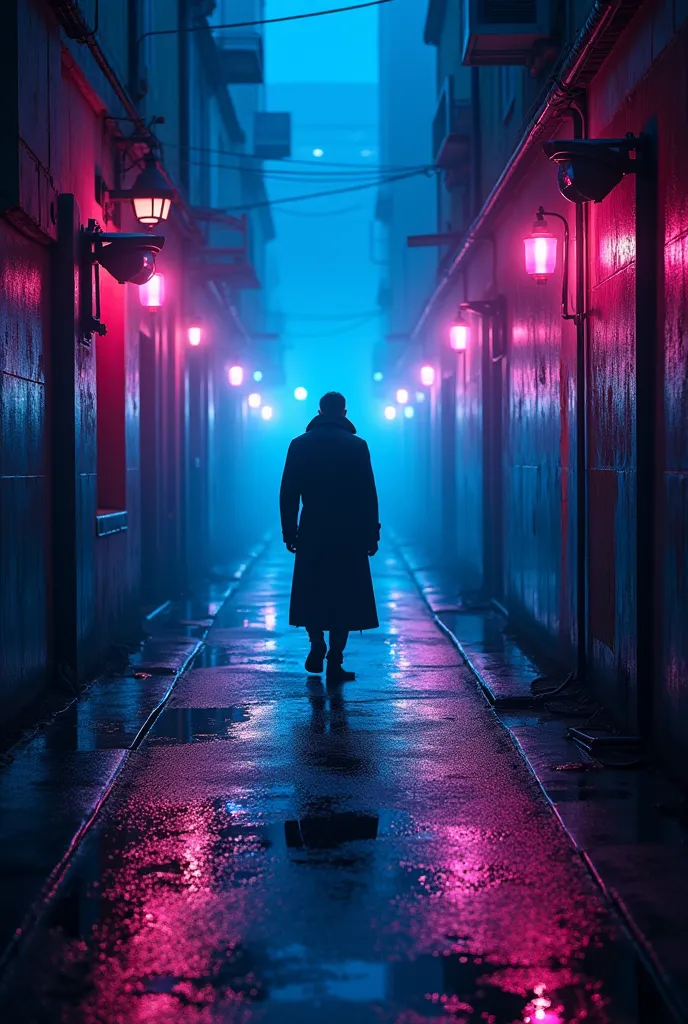 "A narrow alley in a futuristic city is flooded with neon lights in deep blue and dark purple hues, shining with liquid reflections on the wet ground, forming shiny ripples like a. mirror in the background. A mysterious man wearing a long coat is standing,...