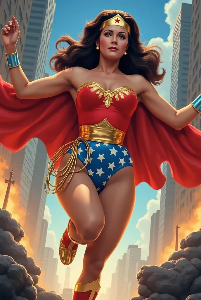 (HELPLESS PERIL SCENE) (COMIC BOOK STYLE) A SEXY LYNDA CARTER AS THE ICONIC 1960 WONDER WOMAN, WEARING A LATEX WONDER WOMAN COSTUME, LATEX PATRIOTIC BLUE SKIRT. A TRI-COLOR PATRIOTIC CAPE. HER GOLDEN LASSO ATTACHED TO THE SIDE OF HER HIP. CRYSTAL CLEAR ART...