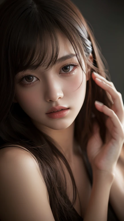 Mysterious Beautiful Female Figure、Gently reaches out hand、4K high definition、realistic、Fine Art Portrait、Studio Lighting、Extra Detail、Deep color 、Fine texture、Fantastic Atmosphere