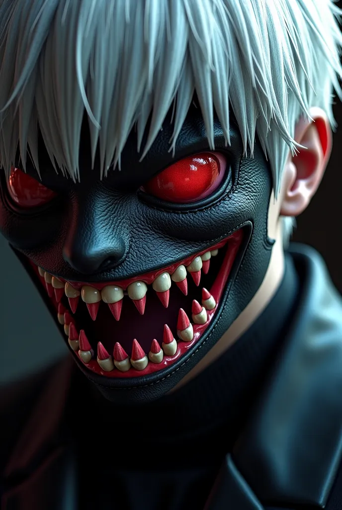  Kaneki from Tokyo ghoul   leather and covers most of Kaneki's face with the exception of his left eye and hair. The mask has "artificial" teeth and exposed gums on it to make it look more realistic.