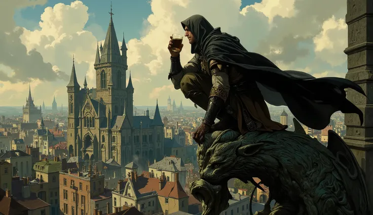an image based on the work Mistborn, de Brandon Sanderson. In the background, Luthadel filled with Inquisitors. Ahead, Kelsier, crouching in a gargoyle on top of a building, in his Mistborn cloak, Drink a thick as oil black beer and toss a coin on the floo...