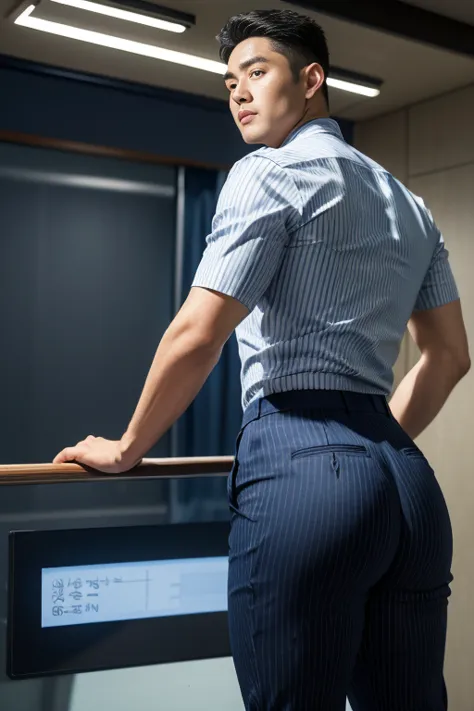 40-year-old boy ,Korean bulky male officer ,Wear navy blue police uniform shirt................ pinstripe navy blue smooth tight trouser, transparent pants obvious underwear print ,((unrealistic super big tight butt wearing pants)), legs wide open, legs on...